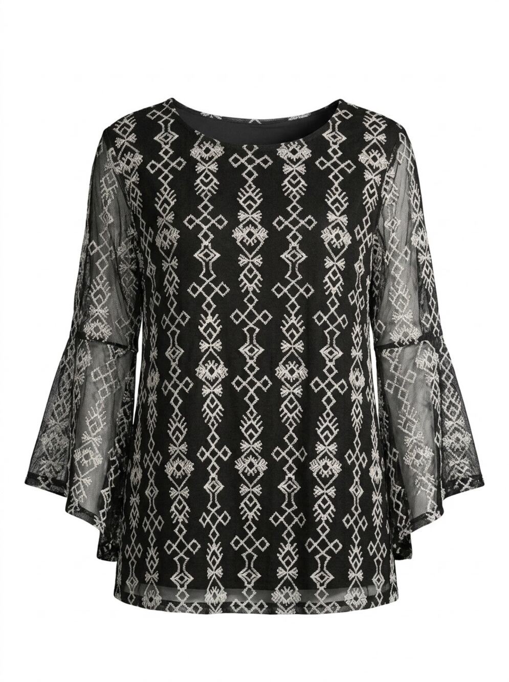 New Directions Black White Geometric Lace Bell Sleeve Blouse Women Size XL